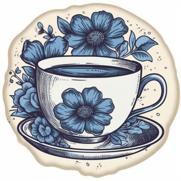 Photo a close up of a cup of coffee with blue flowers on it generative ai