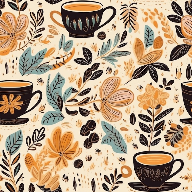 Близкий взгляд на чашку кофе с листьями и цветами