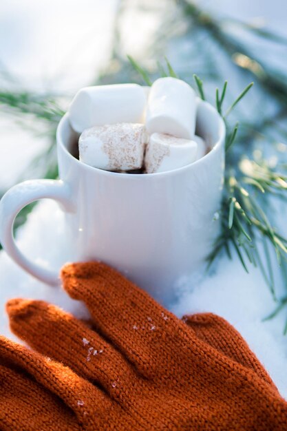 Close up cup of coffee with marshmallows