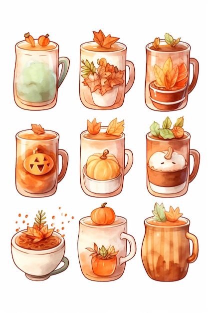 a close up of a cup of coffee with pumpkins and leaves generative ai