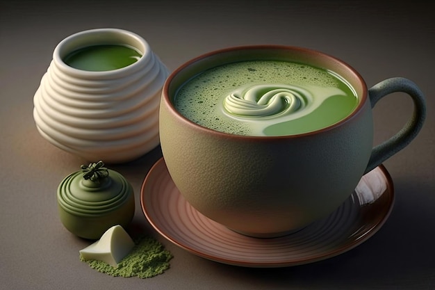 ジェネレーティブ AI を使用した粉末ラテ アート ホット緑茶ミルク豆乳の伝統的な飲み物と白いカップで緑茶抹茶ラテのカップをクローズ アップ