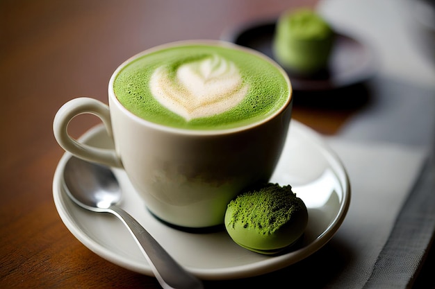 Photo close up cup of green tea matcha latte in white cup with powder latte art hot with generative ai