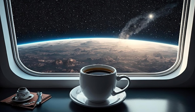 Close up cup of hot coffee on table in spaceship with galaxy space star planet view Generative Ai