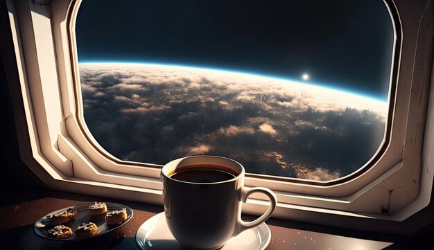 Close up cup of hot coffee on table in spaceship with galaxy space star planet view Generative Ai