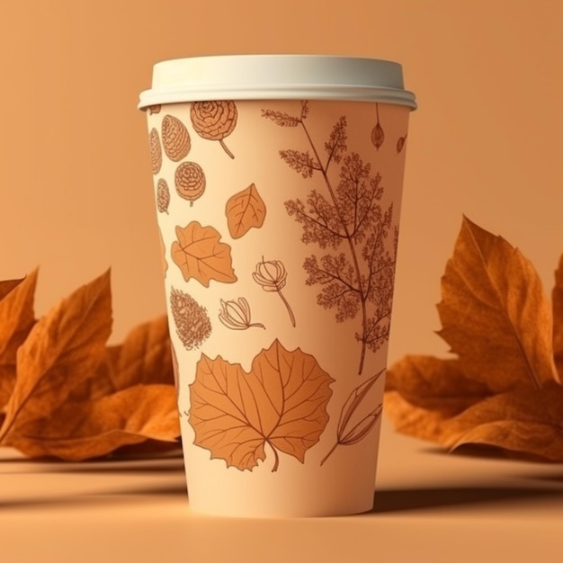 A close up of a cup with a leaf pattern on it generative ai