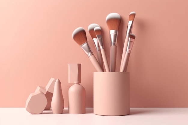 a close up of a cup with makeup brushes and a bottle generative ai