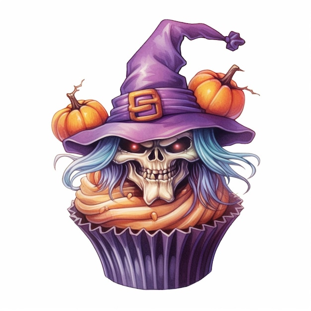 A close up of a cupcake with a skeleton wearing a witch hat generative ai