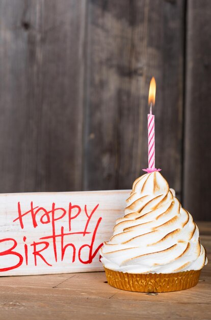 Photo close-up of cupcake with text against red background