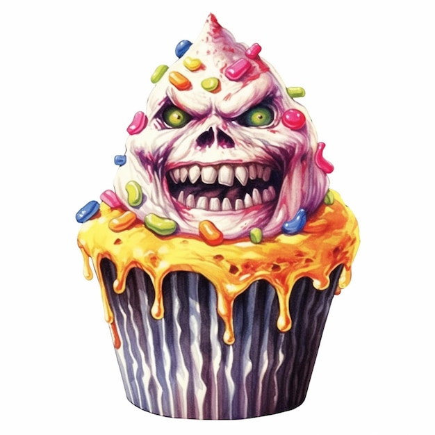 Photo a close up of a cupcake with a zombie face on it generative ai