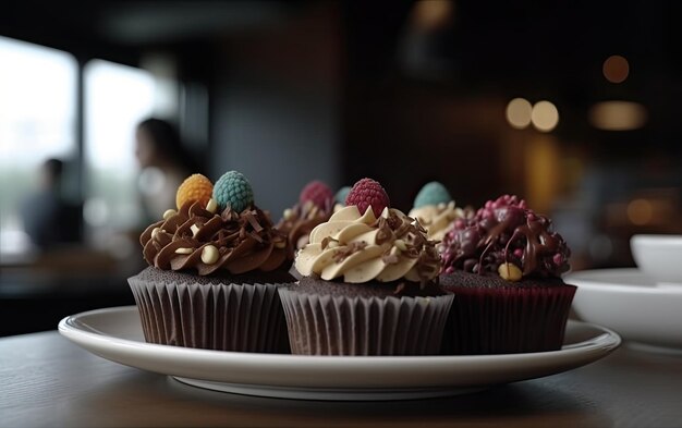 A close up cupcakes on a cafe background sweet dessert bakery food ai generated