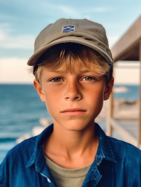 Close Up of Curious Blond Boy with Blue Eyes Looking at Camera generated by AI