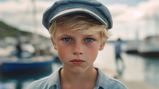 Close Up of Curious Blond Boy with Blue Eyes Looking at Camera generated by AI