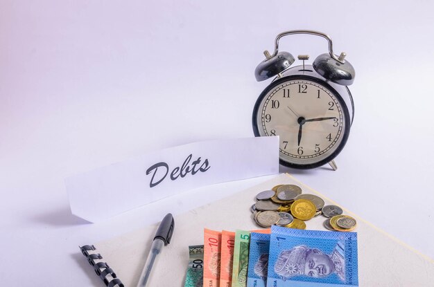 Photo close-up of currency with alarm clock and text on table