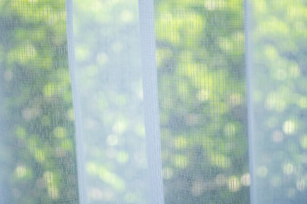 close up curtain window with green garden background
