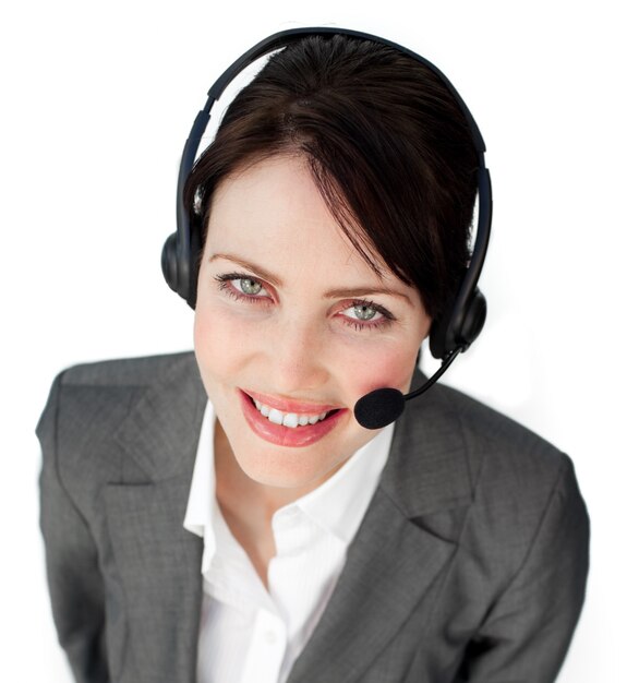 Close-up of a customer service agent using a headset 