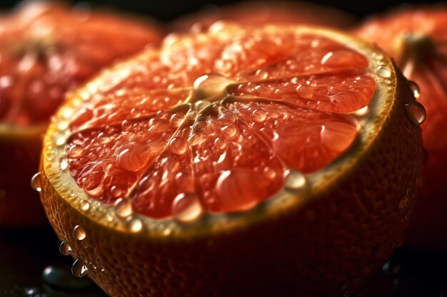 A close up of a cut in half of a grapefruit