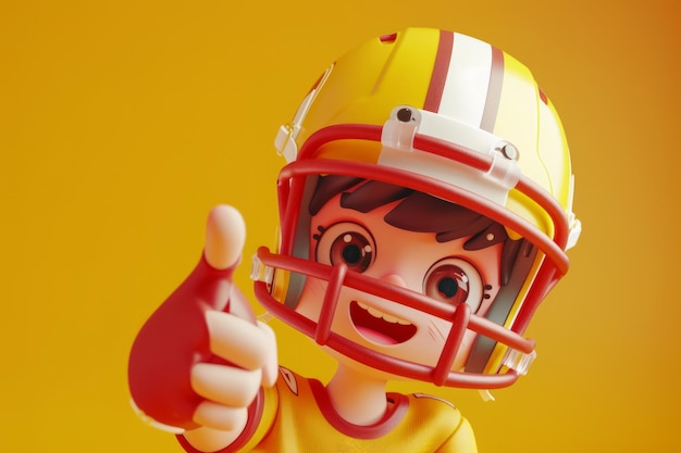 Close up of cute american football sport person d cartoon character with thumbs up to camera