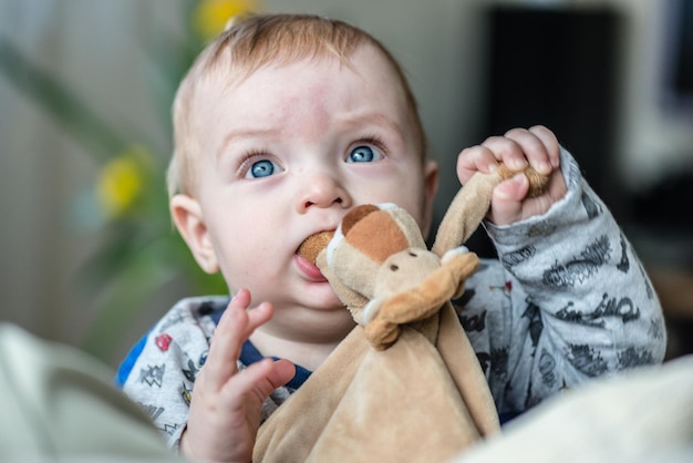 close-up of cute baby boy playing with stuffed toy at home