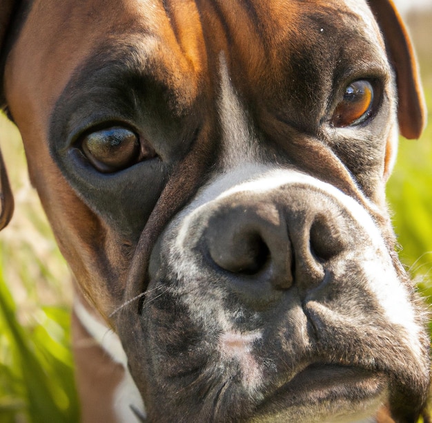 Close up of cute brown and black boxer dog over grass