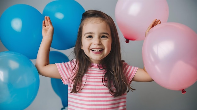 Close up of cute brunette girl standing in a studio smiling widely and playing with blue and pink