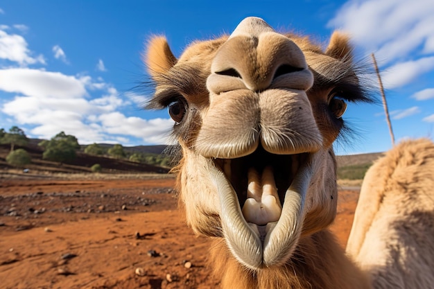 Close up of cute camel portrait at desert looking at camera