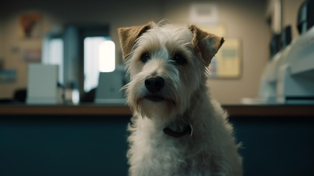 Крупный план милой собаки золотистого ретривера, смотрящей в камеру в ветеринарной клинике.