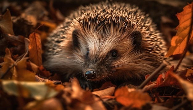 Close up of cute hedgehog bristled snout in autumn forest generated by AI