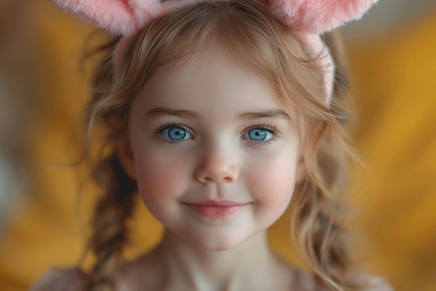 Close up of cute little blue eyed girl wears pink toy bunny ears against yellow background