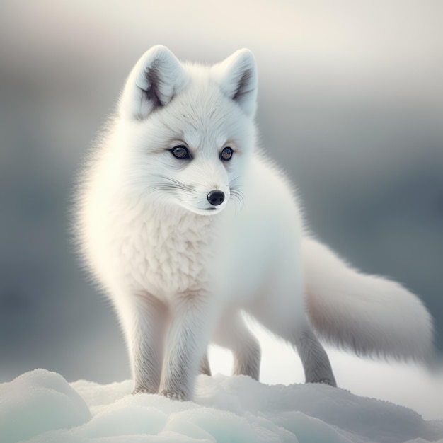 Close up of cute white fox in snow created using generative ai technology