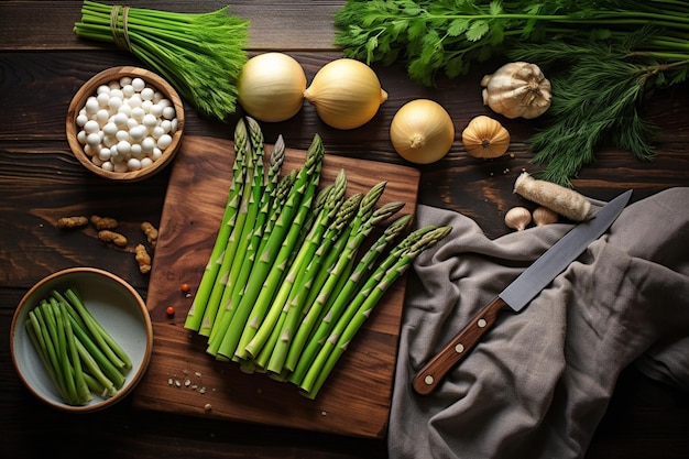 a close up of a cutting board with asparagus generative ai