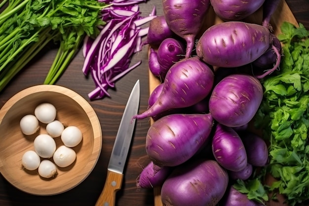 a close up of a cutting board with a bunch of vegetables generative ai