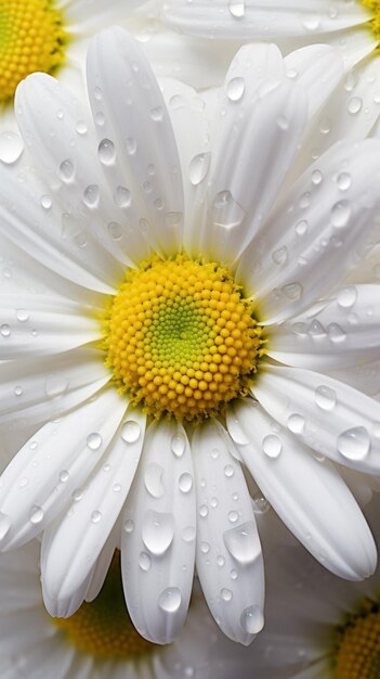 A close up of a daisy with water droplets on it