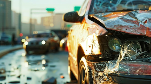 Close Up of a Damaged Car Headlight on a City Street