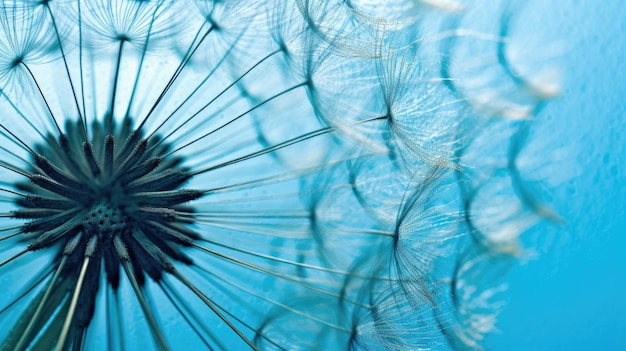 close up of dandelion on the blue background