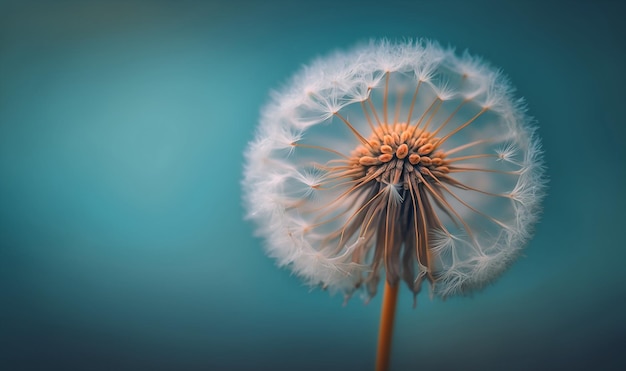 A close up of a dandelion with a blue background