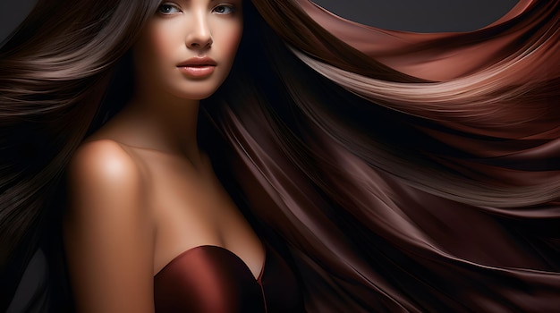 Close up of dark chocolate hair in a sleek style emphasizing its smoothness and elegance