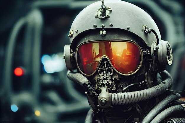 Close up of dark pilot on cabin concept digital illustration\
portrait of a fictional futuristic pilot in an aviation helmet and\
pilot39s suit dark characterai neural network computer generated\
art