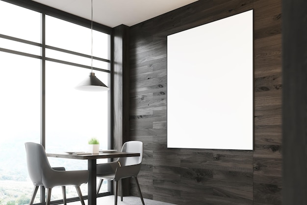 Close up of a dark wooden cafe interior with a square table, white chairs standing along a panoramic window and a framed vertical poster on a wall. 3d rendering, mock up