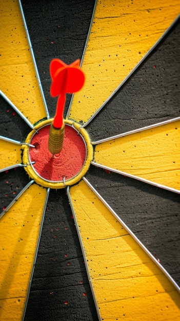 Photo close up of a dart hitting a bullseye on a target