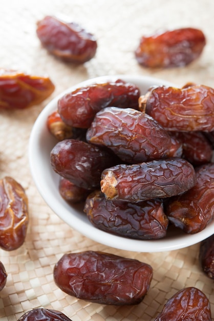 Close-up of dates in bowl on table
