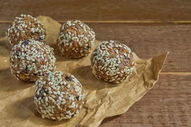 Close up of dates oatmeal balls.
