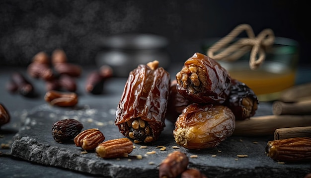 A close up of dates on a table with a book behind them