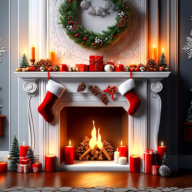 A Close Up Of A Decorated Christmas Mantle With Stockings And Candles