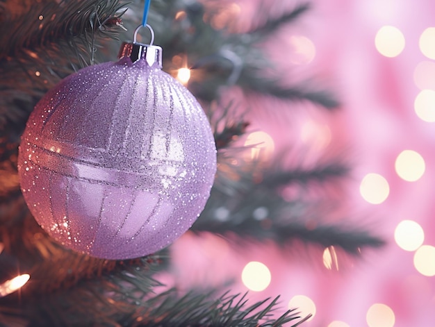 Close up decorated pink christmas tree baubles ornaments Focused on front bokeh background