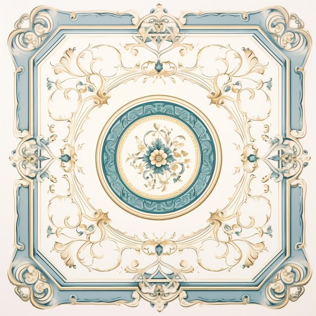 Photo a close up of a decorative ceiling with a clock on it generative ai