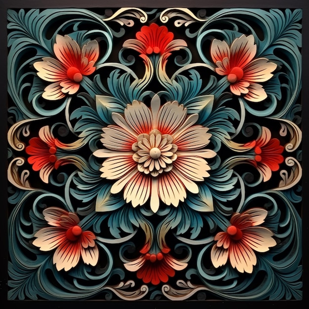 a close up of a decorative design with flowers and leaves generative ai
