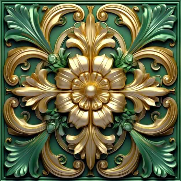 A close up of a decorative gold and green tile with a flower generative ai