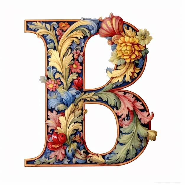 A close up of a decorative letter b with flowers and leaves generative ai