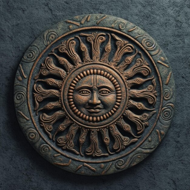 Photo a close up of a decorative sun medallion on a wall generative ai