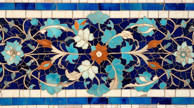 A close up of a decorative tile with blue and orange flowers generative ai